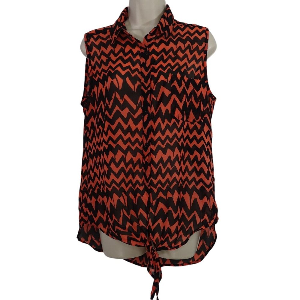 Wishful Park Sleeveless Chevron Sheer Tie Front Button up Top Women Size L Black
